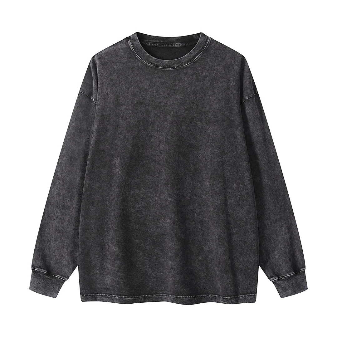 Snow-wash relaxed long-sleeve tee · WYL-01 · Black · Front · Base garment photograph