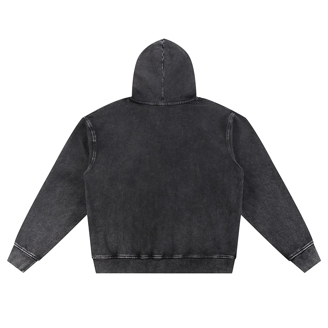 Snow-wash pullover hoodie · WYM-05A · Black · Back · Base garment photograph