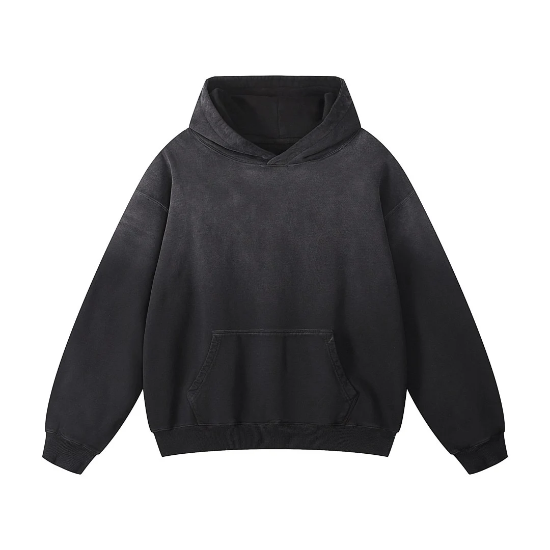 Gradient-wash pullover hoodie · WYM-06 · Black · Front · Base garment photograph