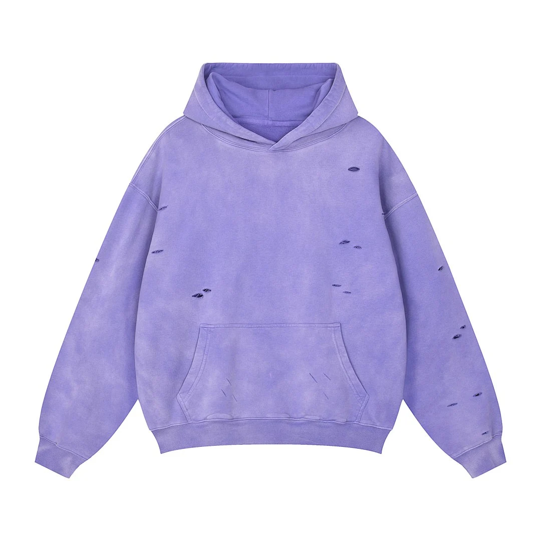 Distressed washed pullover hoodie · WYM-09 · Distressed purple · Front · Base garment photograph