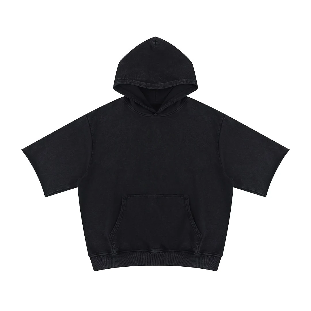 Washed short-sleeve pullover hoodie · WYM-10 · Black · Front · Base garment photograph