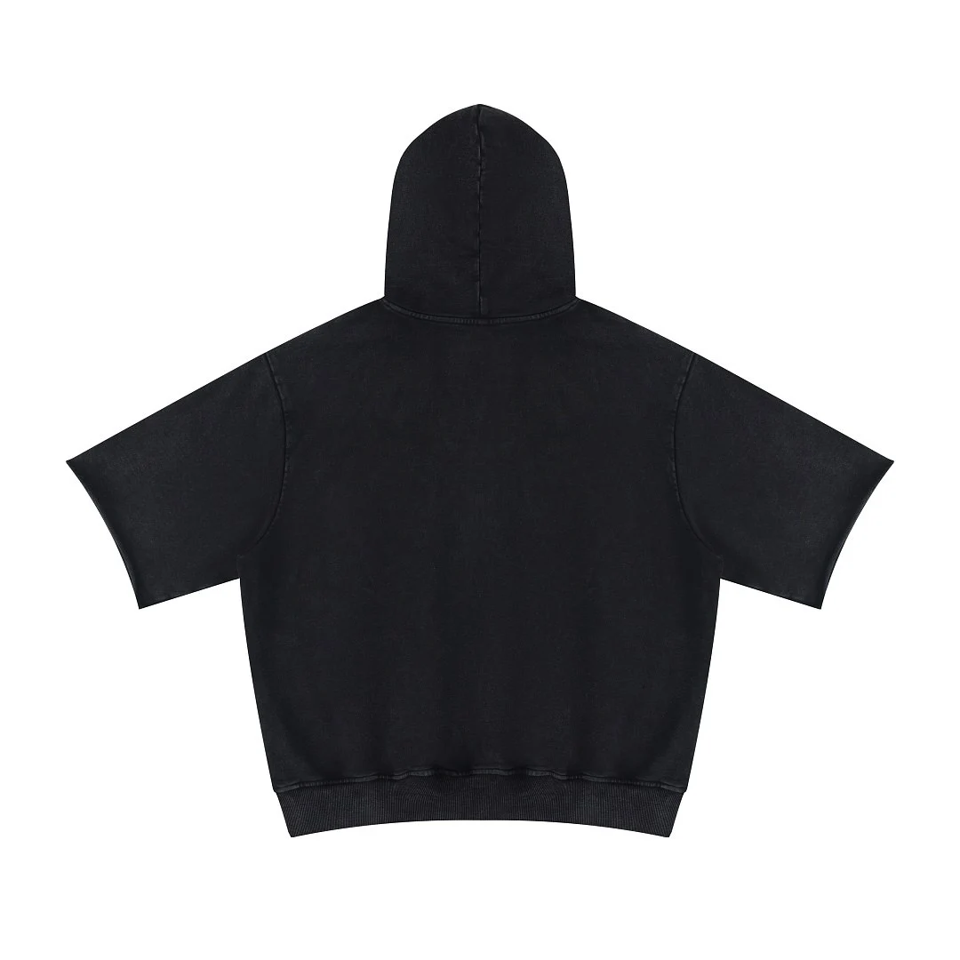 Washed short-sleeve pullover hoodie · WYM-10 · Black · Back · Base garment photograph