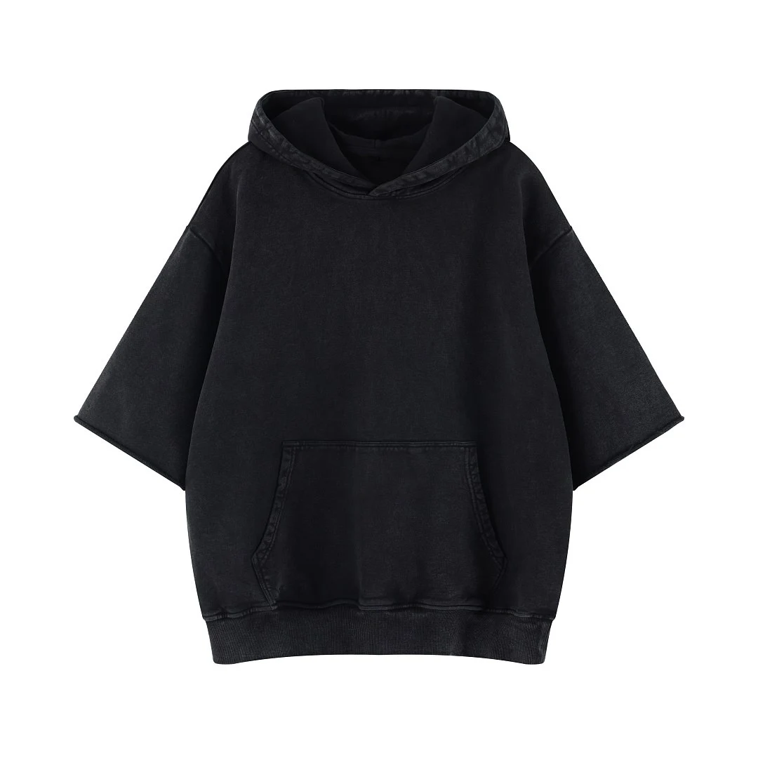 Washed short-sleeve pullover hoodie · WYM-10 · Black · Base garment photograph