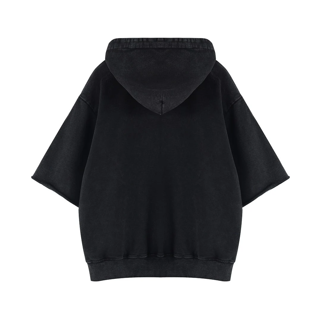 Washed short-sleeve pullover hoodie · WYM-10 · Black · Base garment photograph