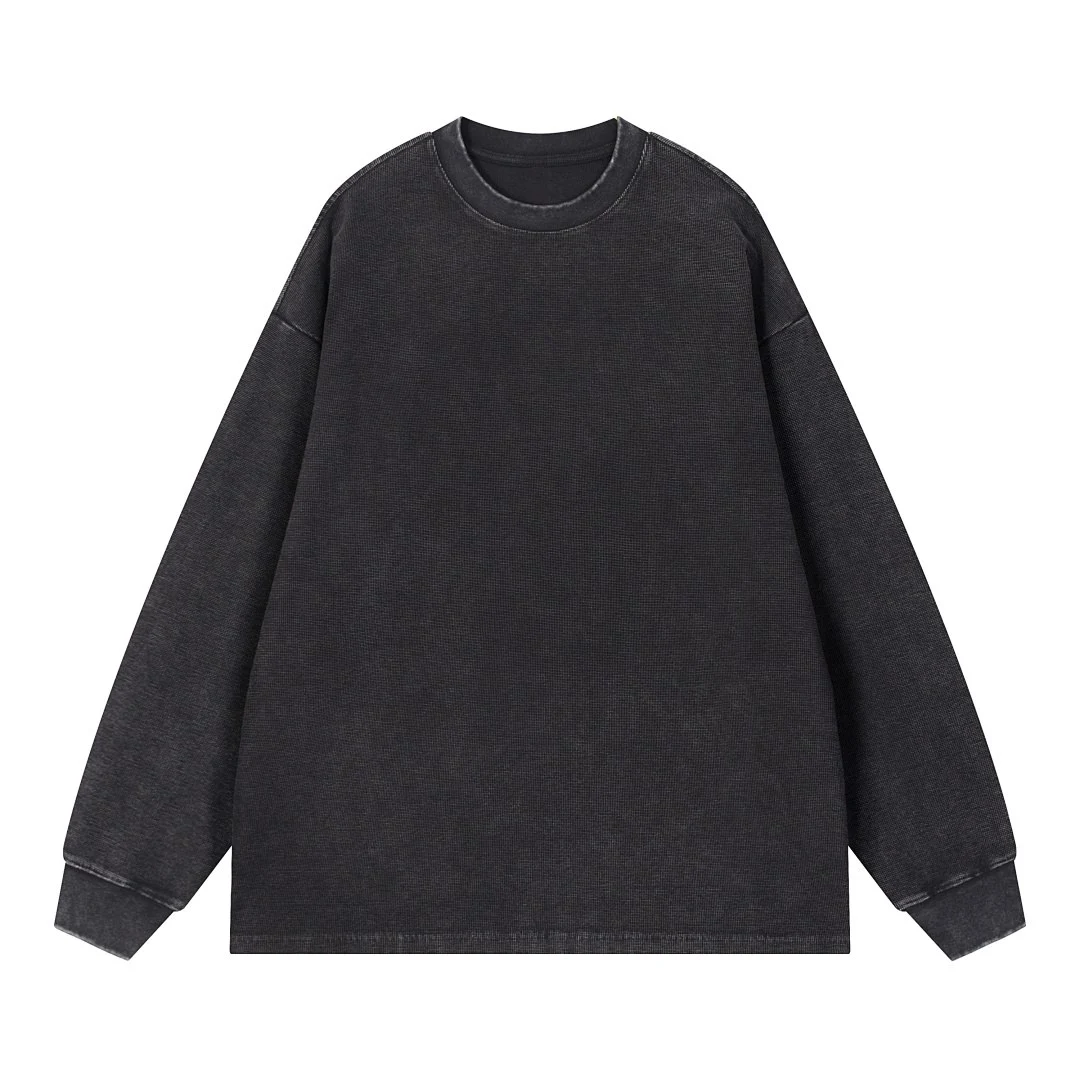 Washed waffle long-sleeve tee · WYYL-06 · Black · Front · Base garment photograph