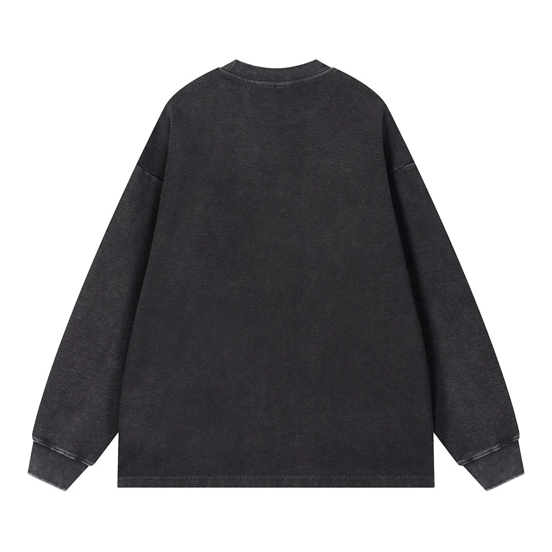 Washed waffle long-sleeve tee · WYYL-06 · Black · Back · Base garment photograph