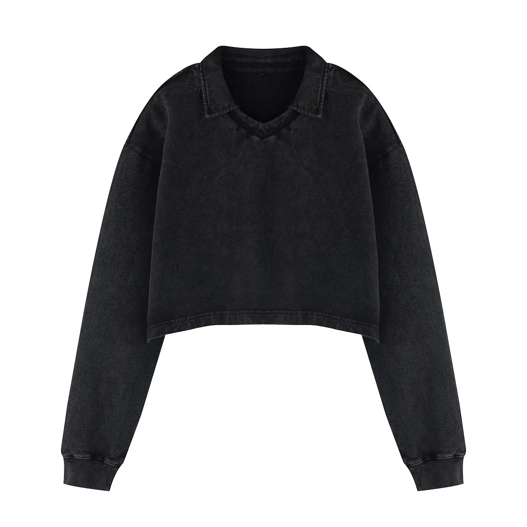 Cropped washed polo pullover · WYYL-2601 · Black · Base garment photograph