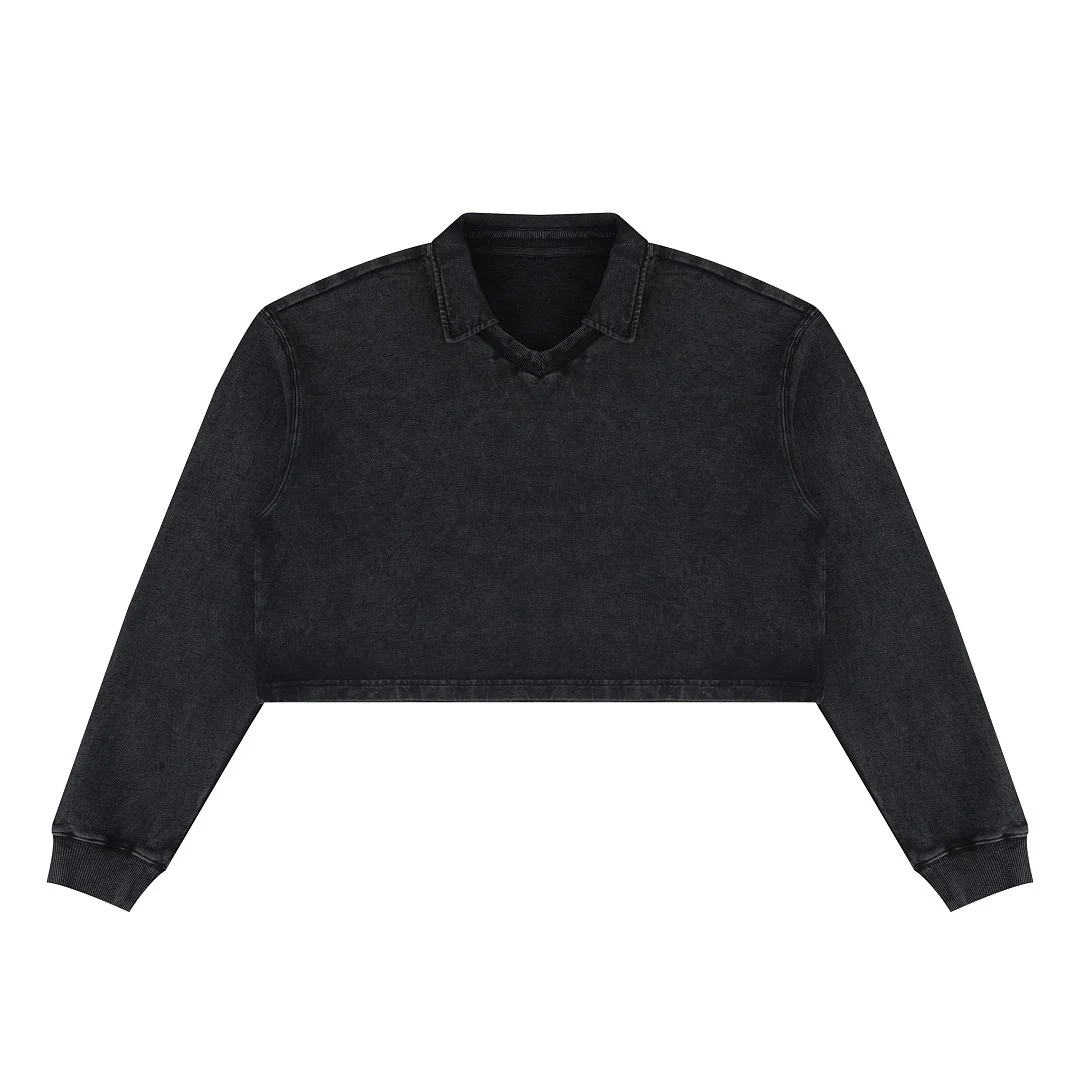 Cropped washed polo pullover · WYYL-2601 · Black · Front · Base garment photograph