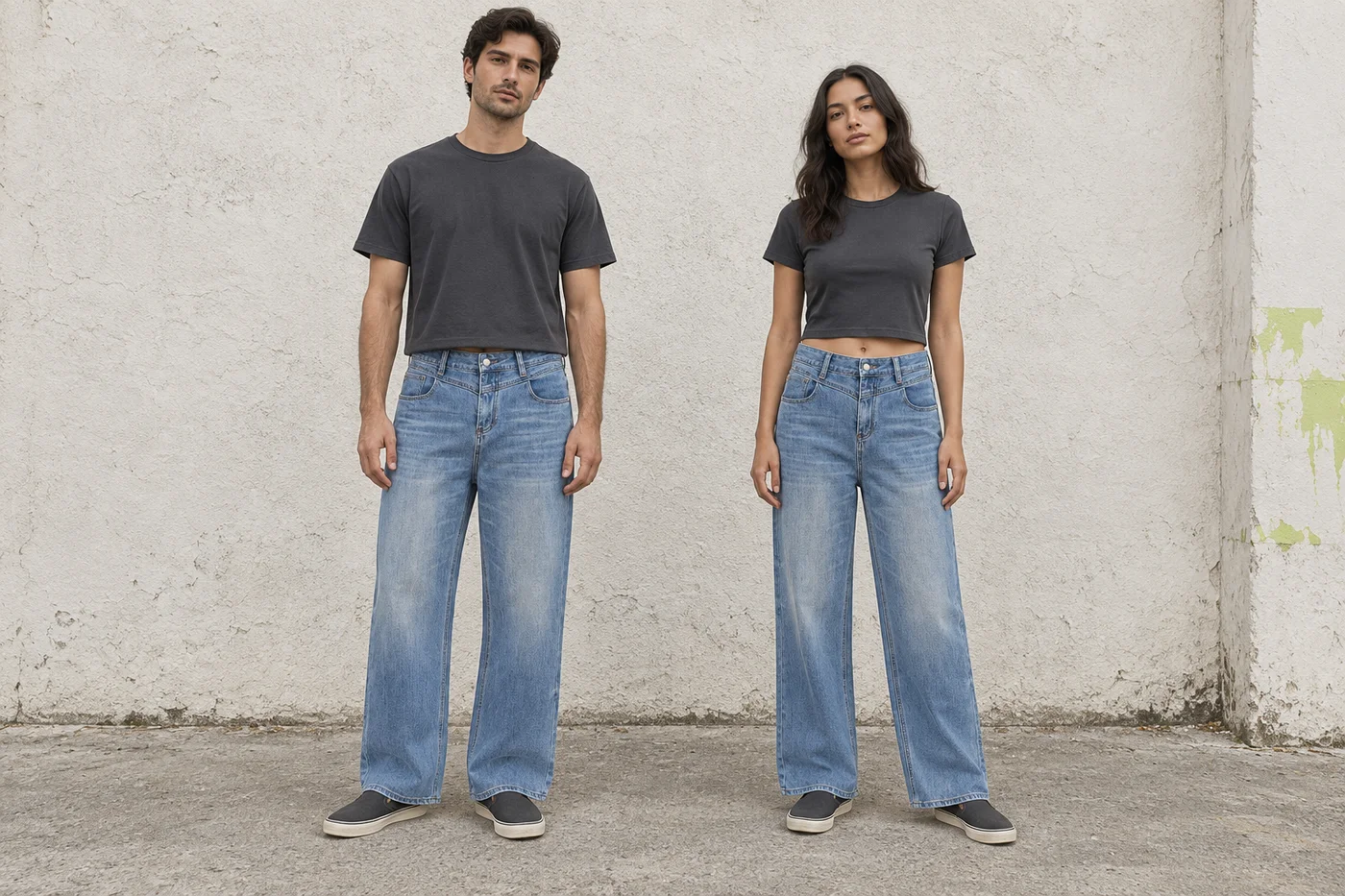 Washed wide-leg jeans · Unisex styling