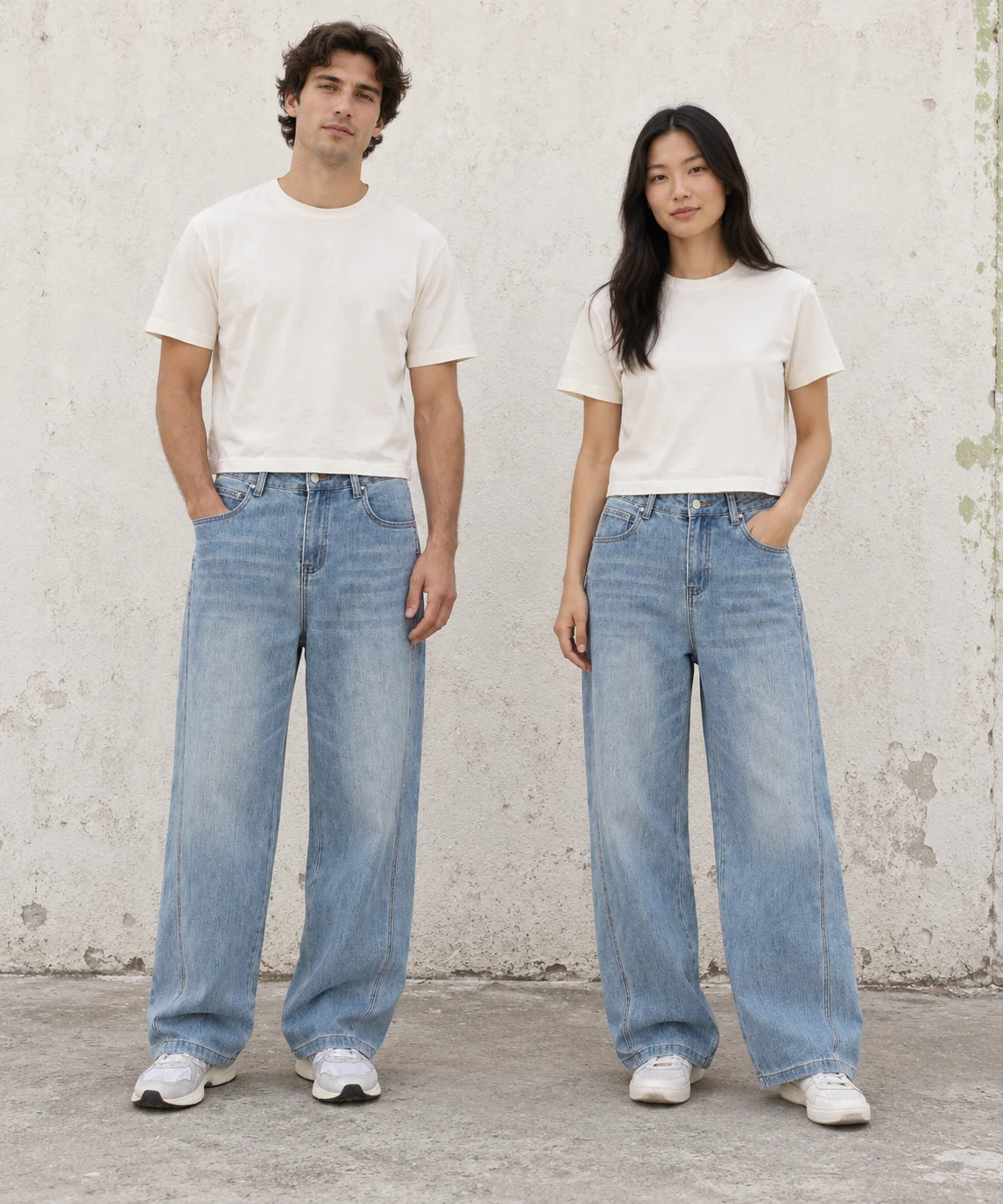 Light-wash straight-leg jeans · Unisex styling