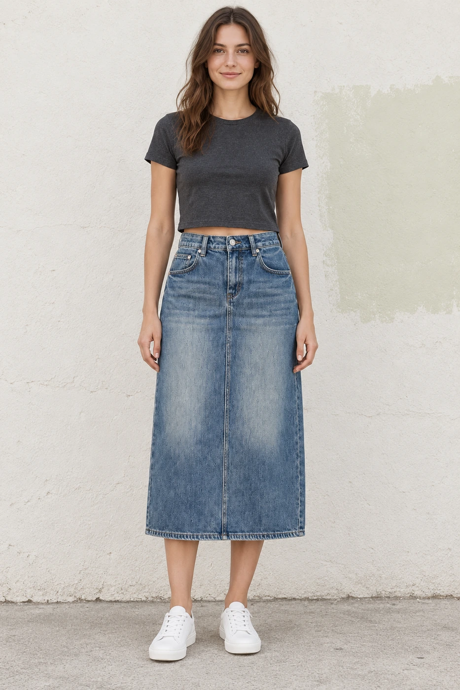 Faded denim midi skirt · Women's styling