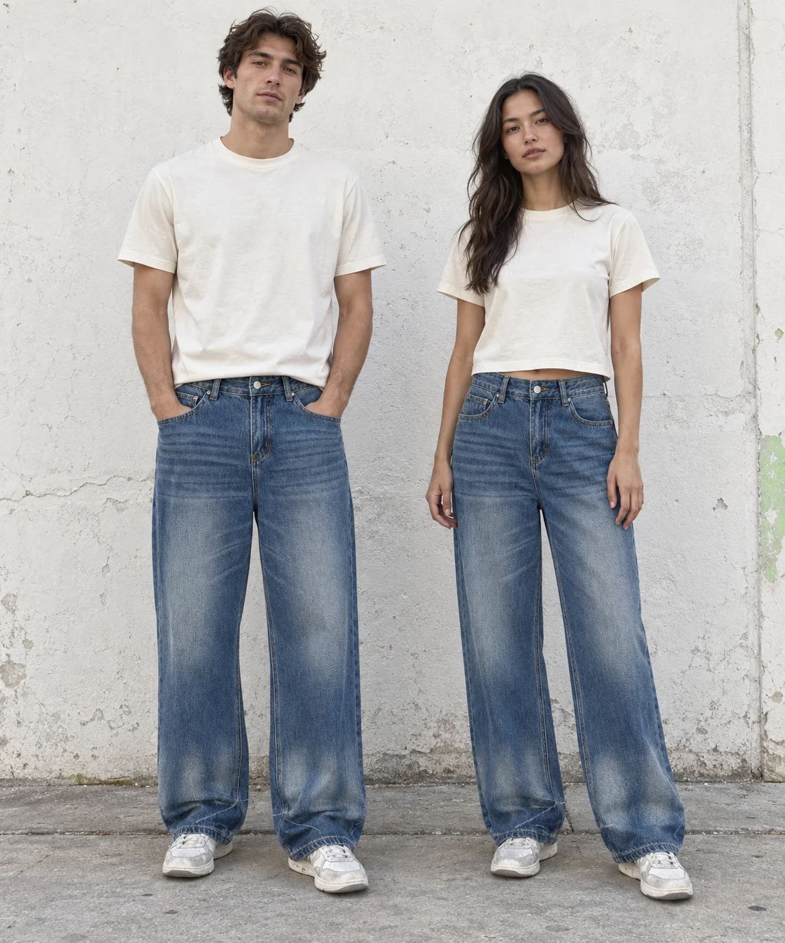 Faded blue wide-leg jeans · Unisex styling