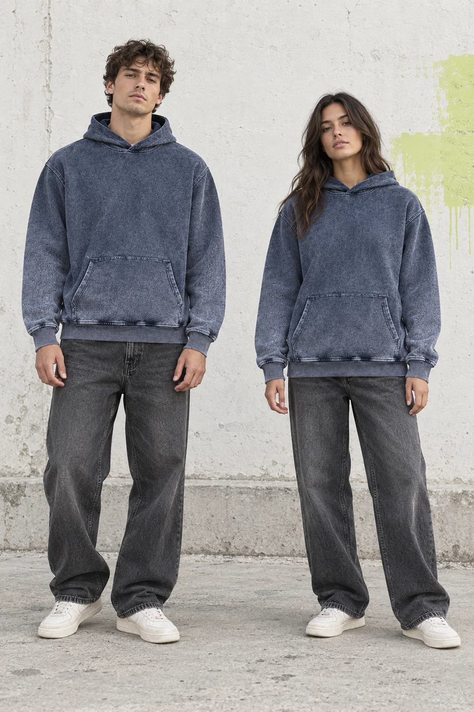 Washed denim pullover hoodie · Unisex styling