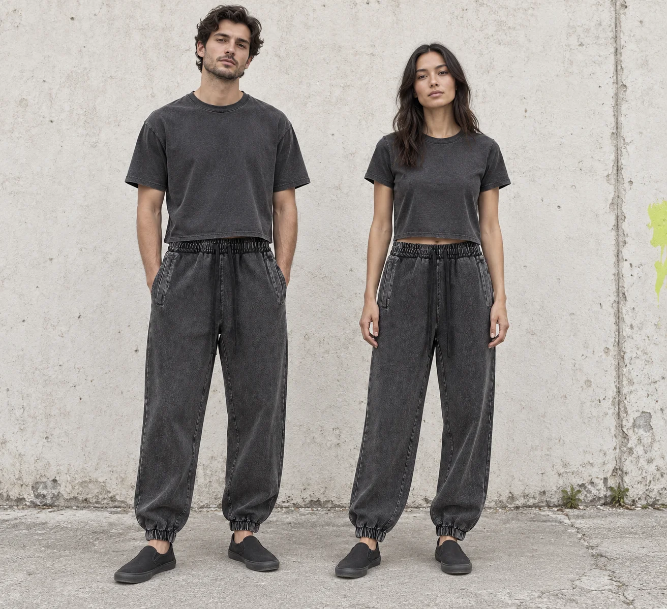 Washed denim drawstring joggers · Unisex styling
