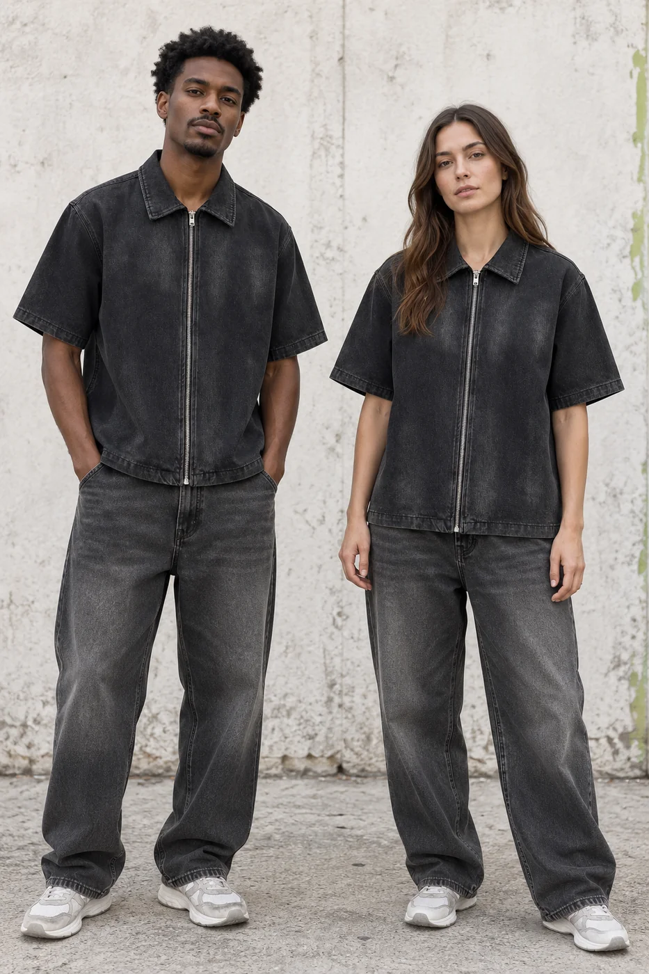 Washed short-sleeve zip denim shirt · Unisex styling