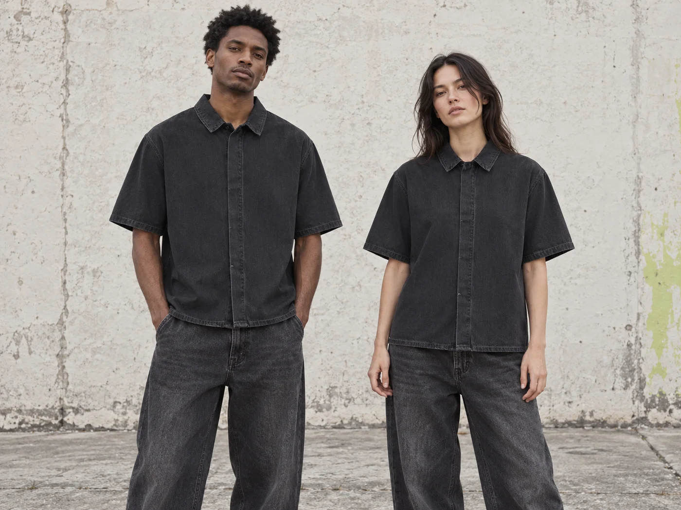 Washed relaxed denim short-sleeve shirt · Unisex styling