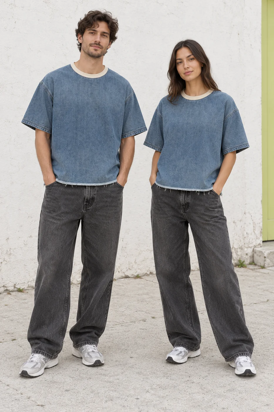 Washed contrast-neck denim tee · Unisex styling