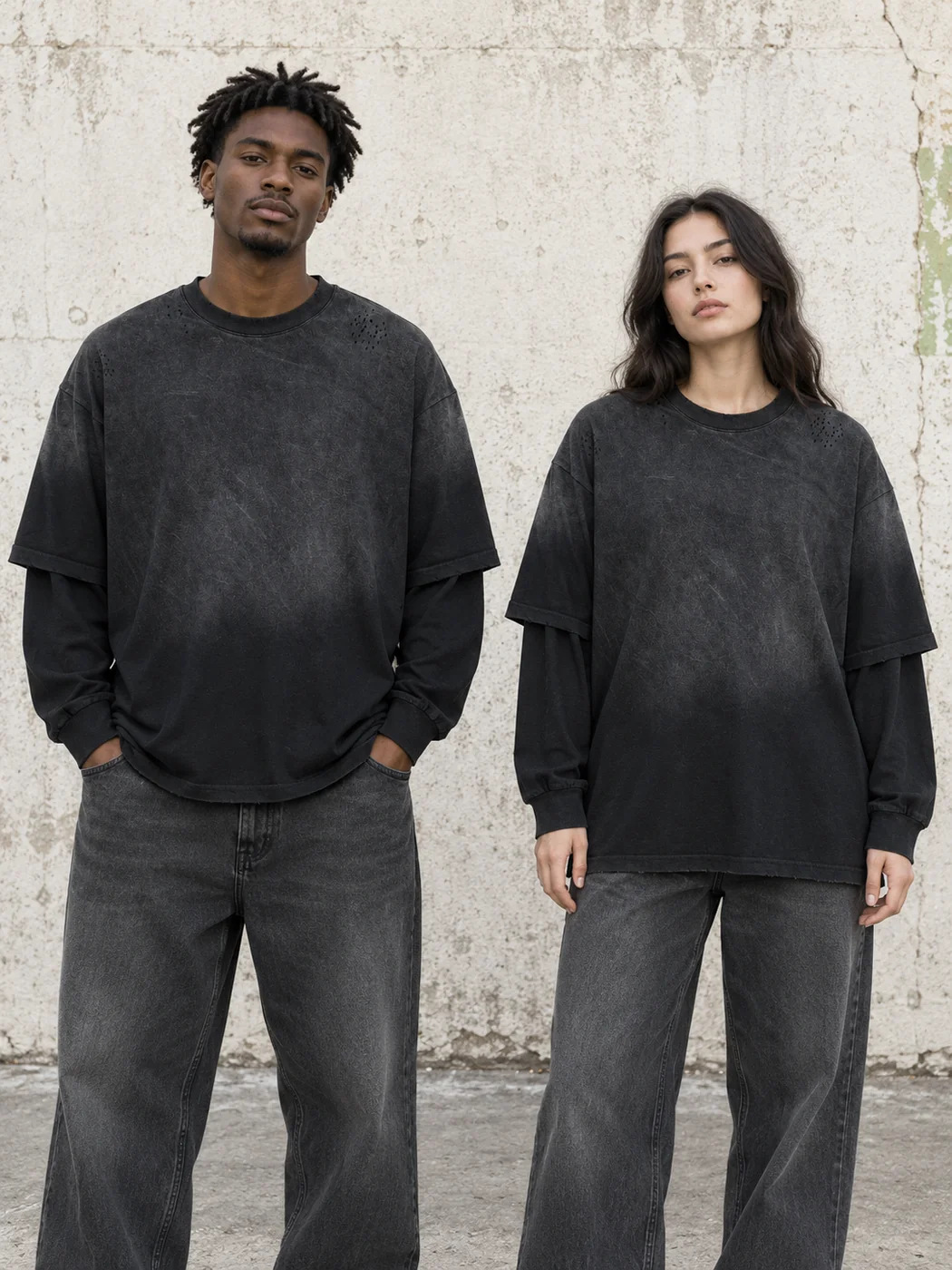 Distressed layered-sleeve tee · Unisex styling