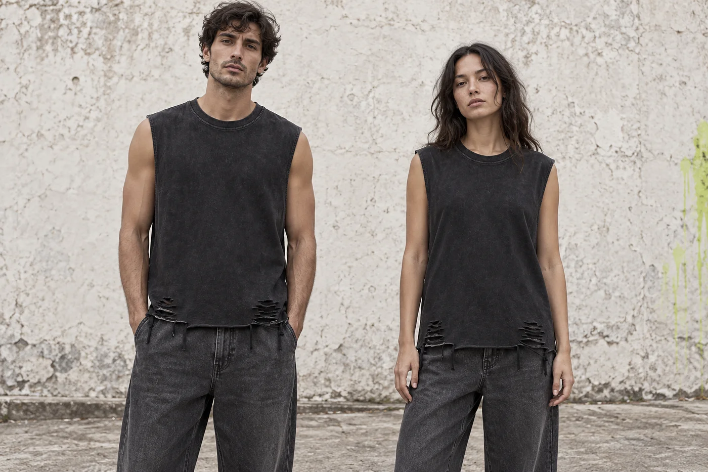 Distressed raw-hem sleeveless tee · Unisex styling