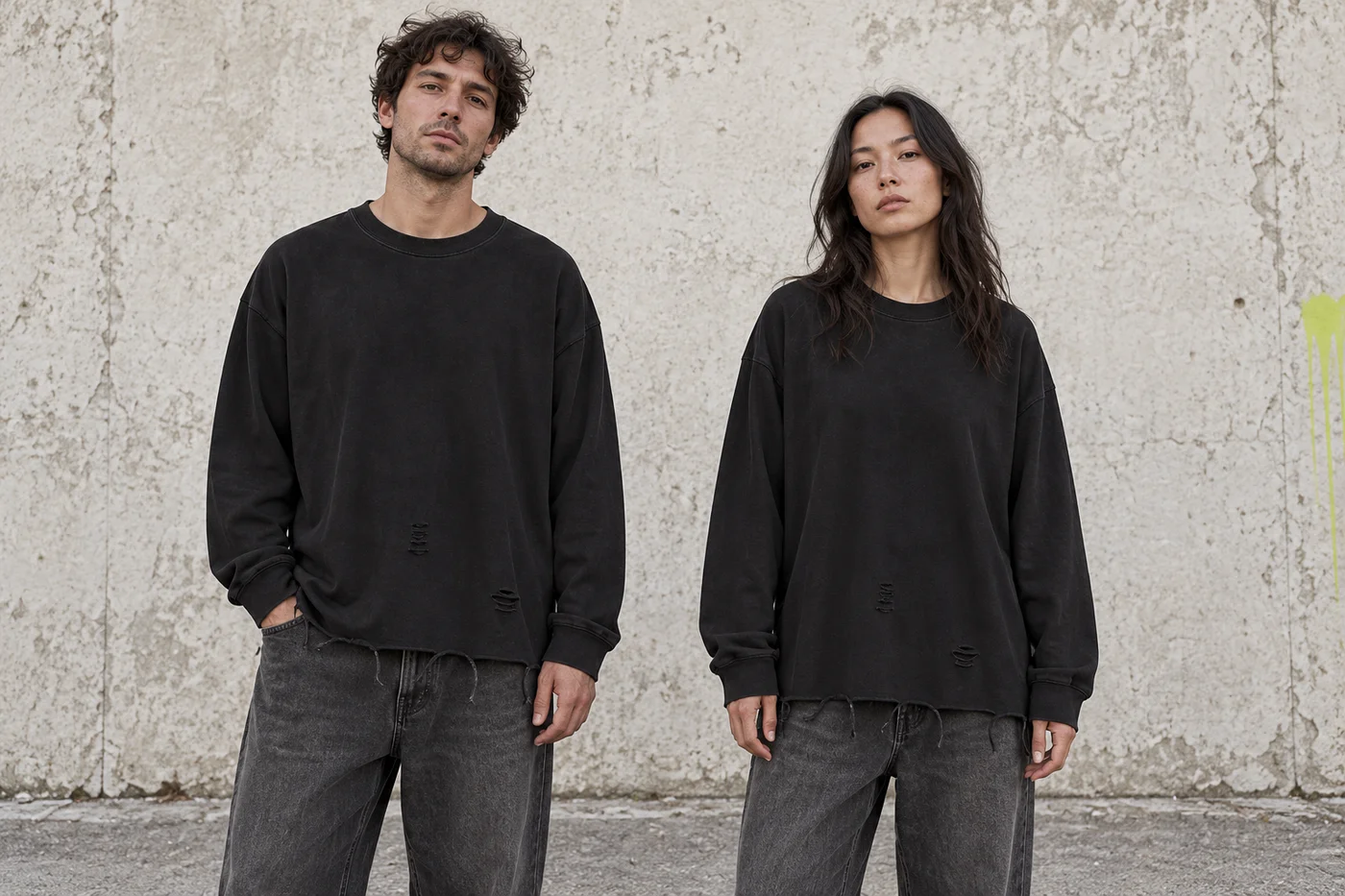 Distressed raw-hem long-sleeve tee · Unisex styling