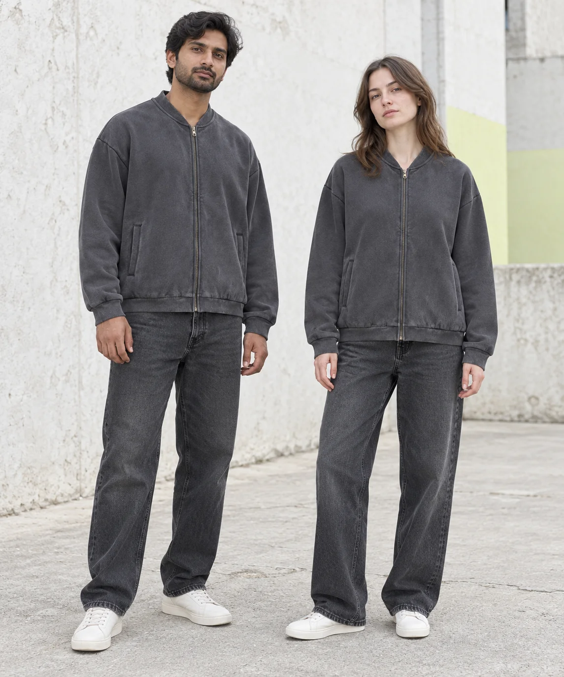 Washed rib-collar zip jacket · Unisex styling