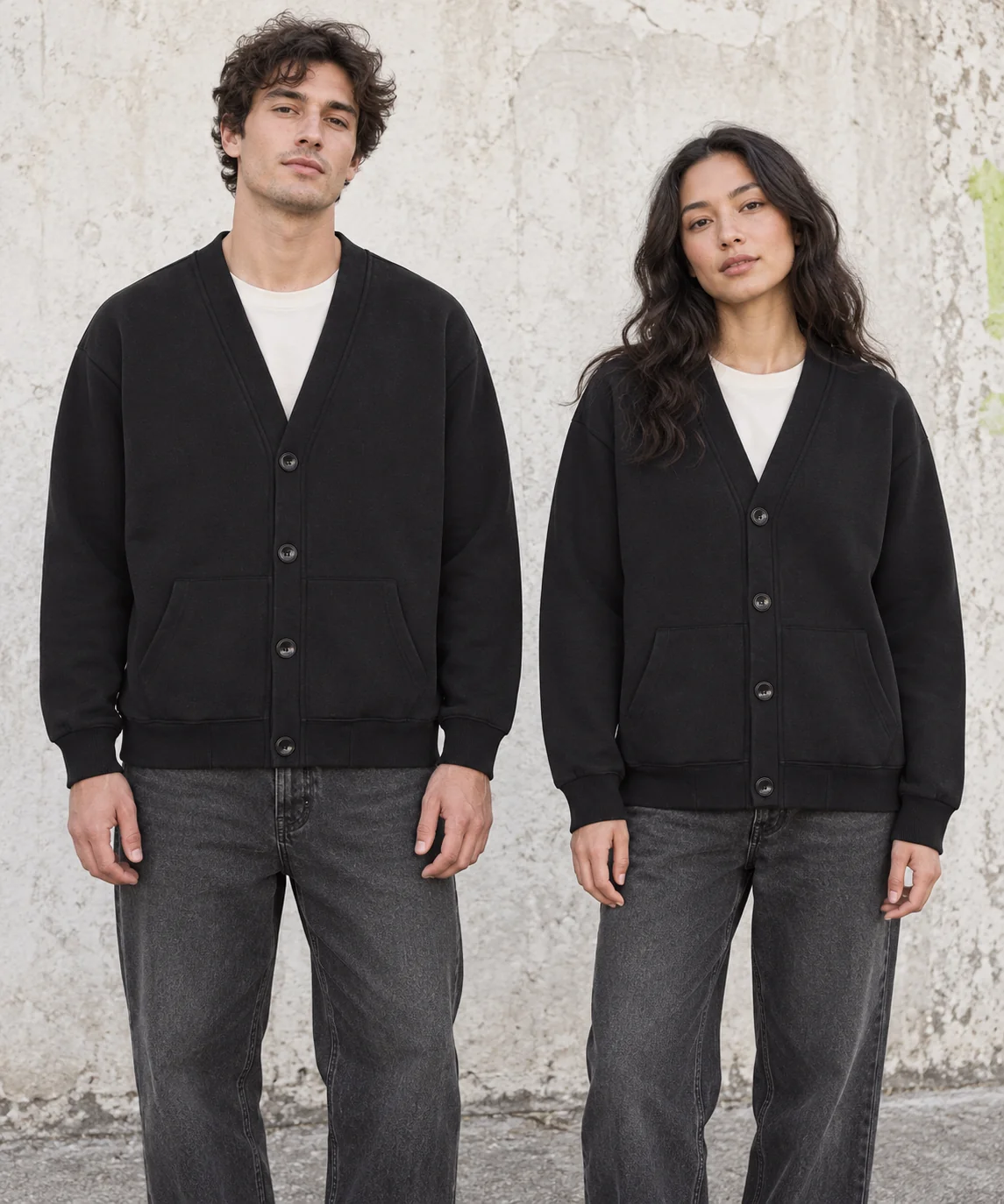 Washed V-neck button cardigan · Unisex styling