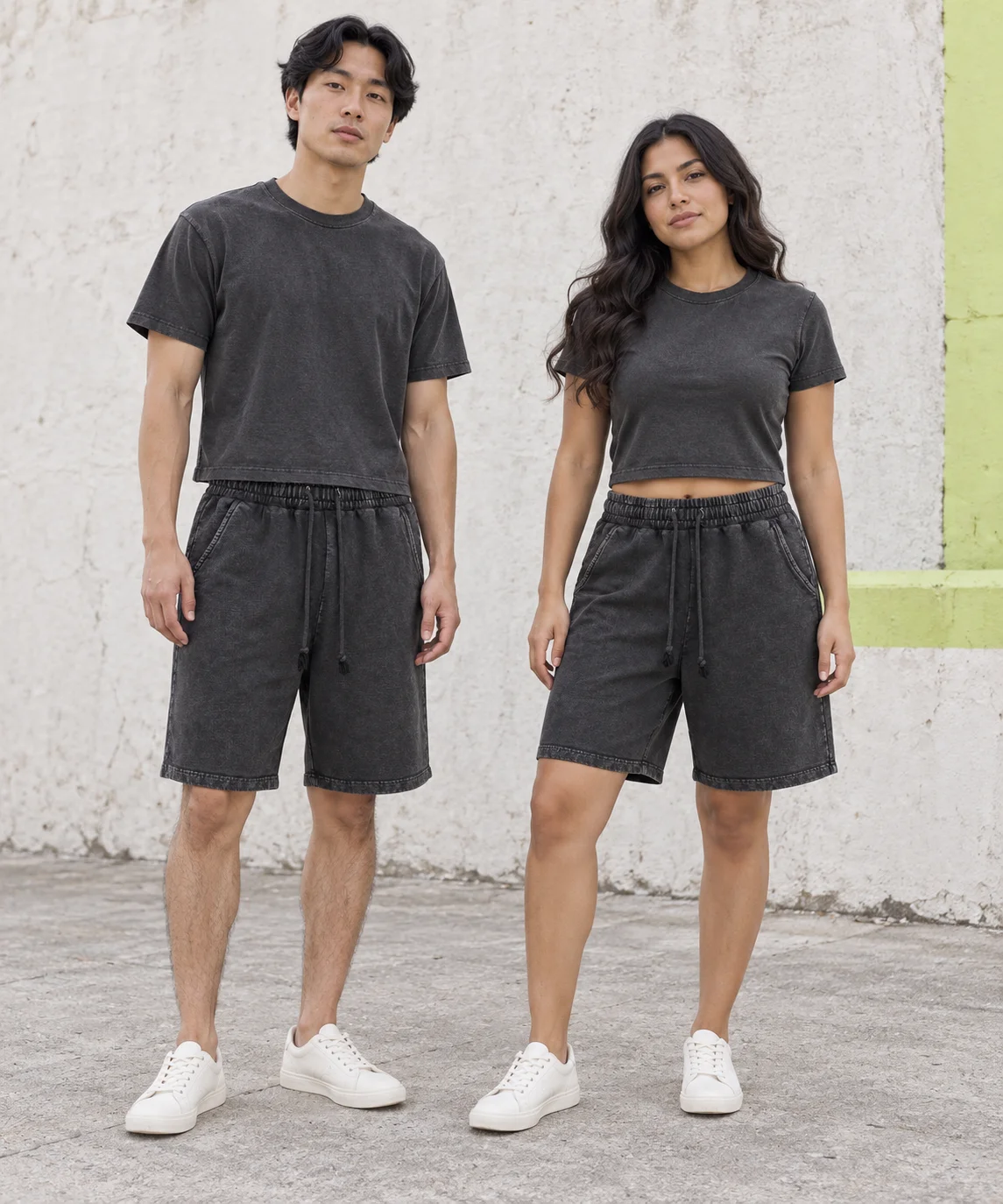 Snow-wash shorts · Unisex styling