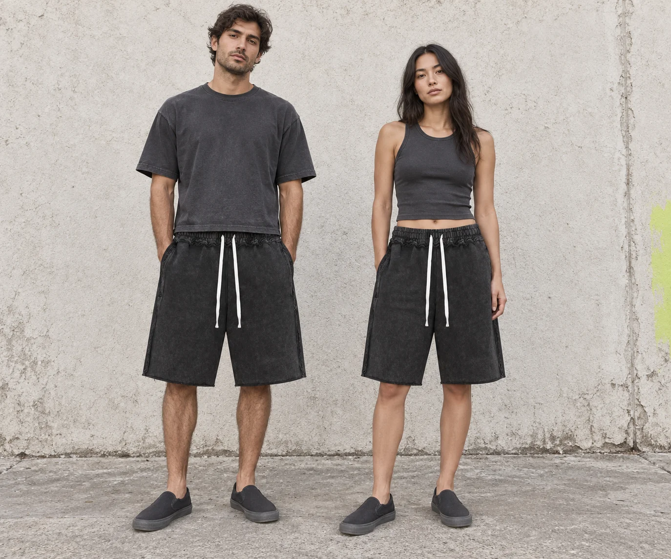 Washed raw-hem drawstring shorts · Unisex styling