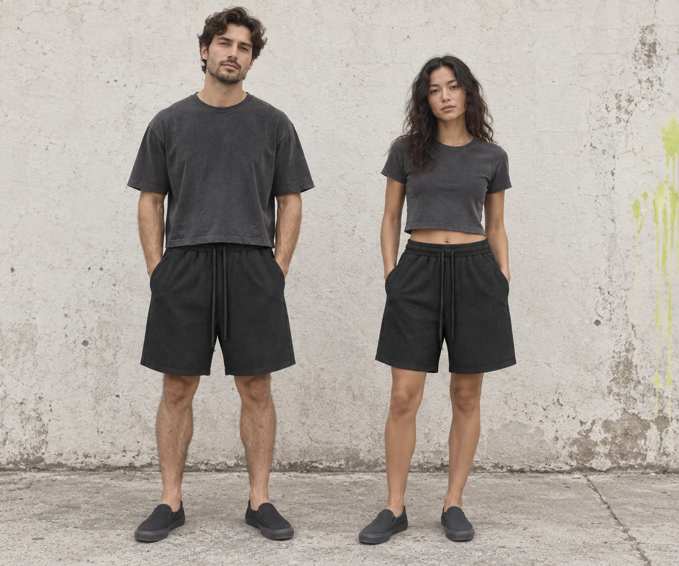 Washed waffle drawstring shorts · Unisex styling