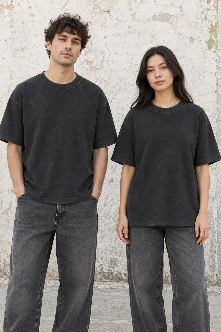 Washed waffle-texture tee · Unisex styling