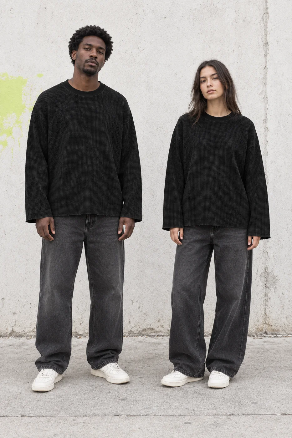Raw-edge waffle long-sleeve tee · Unisex styling