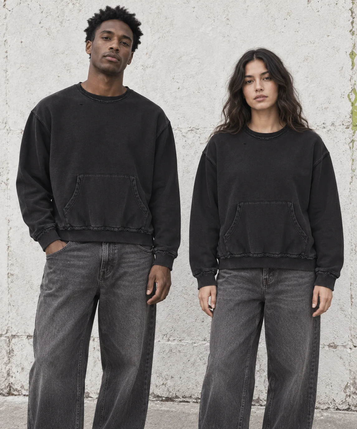 Raw-edge kangaroo-pocket sweatshirt · Unisex styling