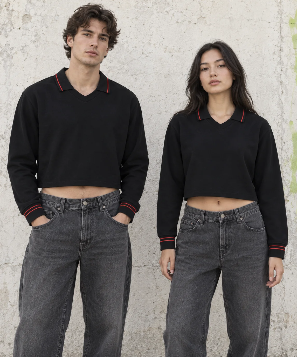 Cropped contrast-rib polo pullover · Unisex styling