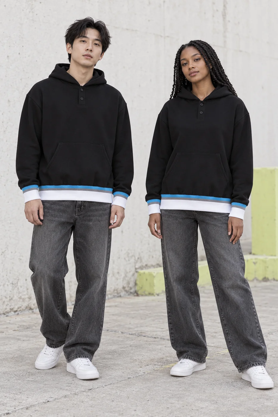 Contrast-rib pullover hoodie · Unisex styling