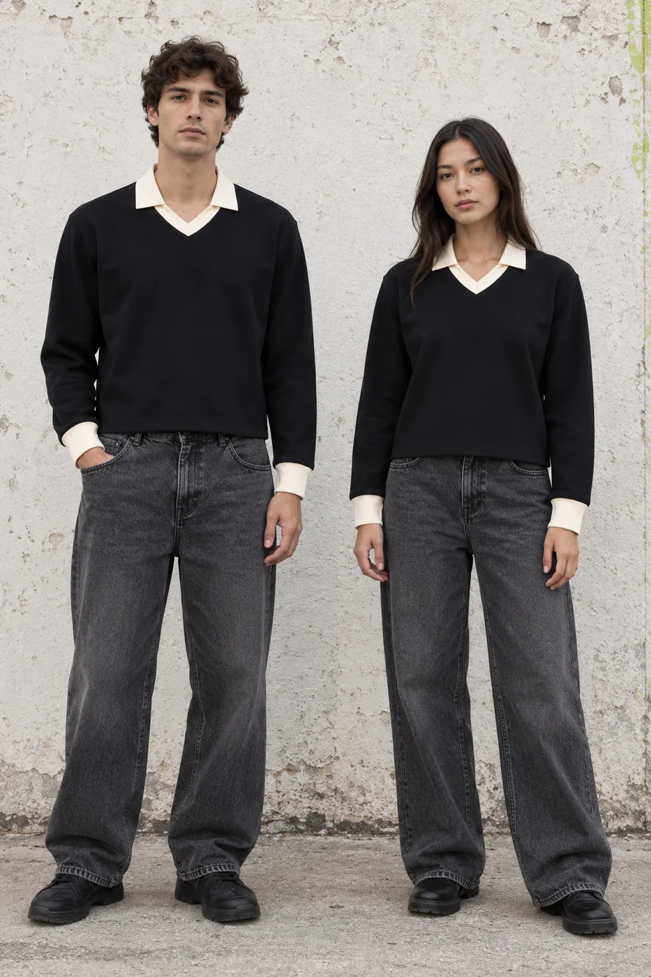 Cropped contrast-collar long-sleeve pullover · Unisex styling