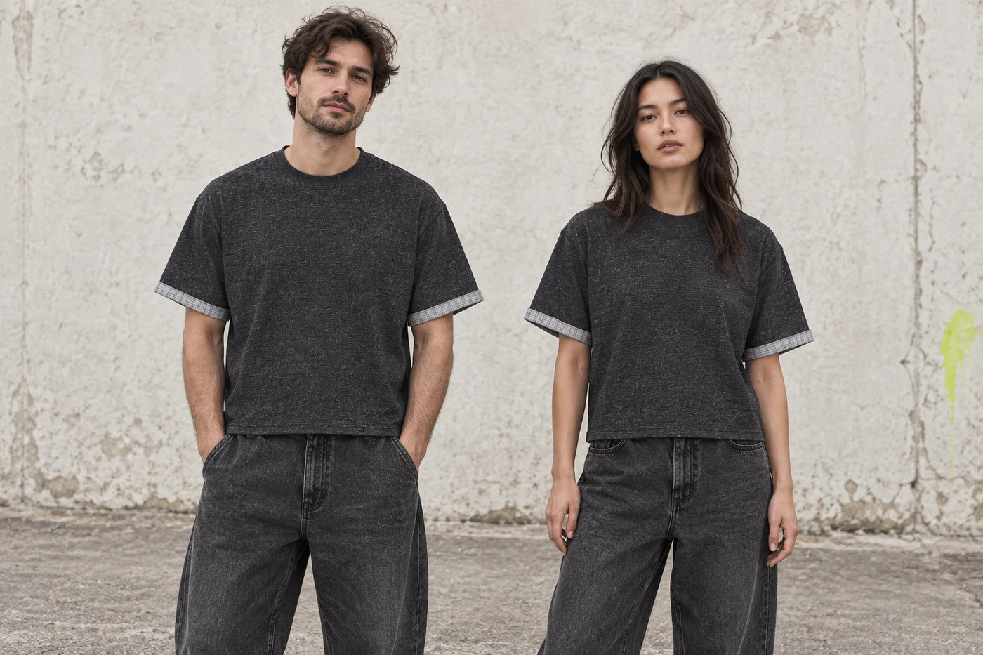 Plaid-trim relaxed crew-neck tee · Unisex styling