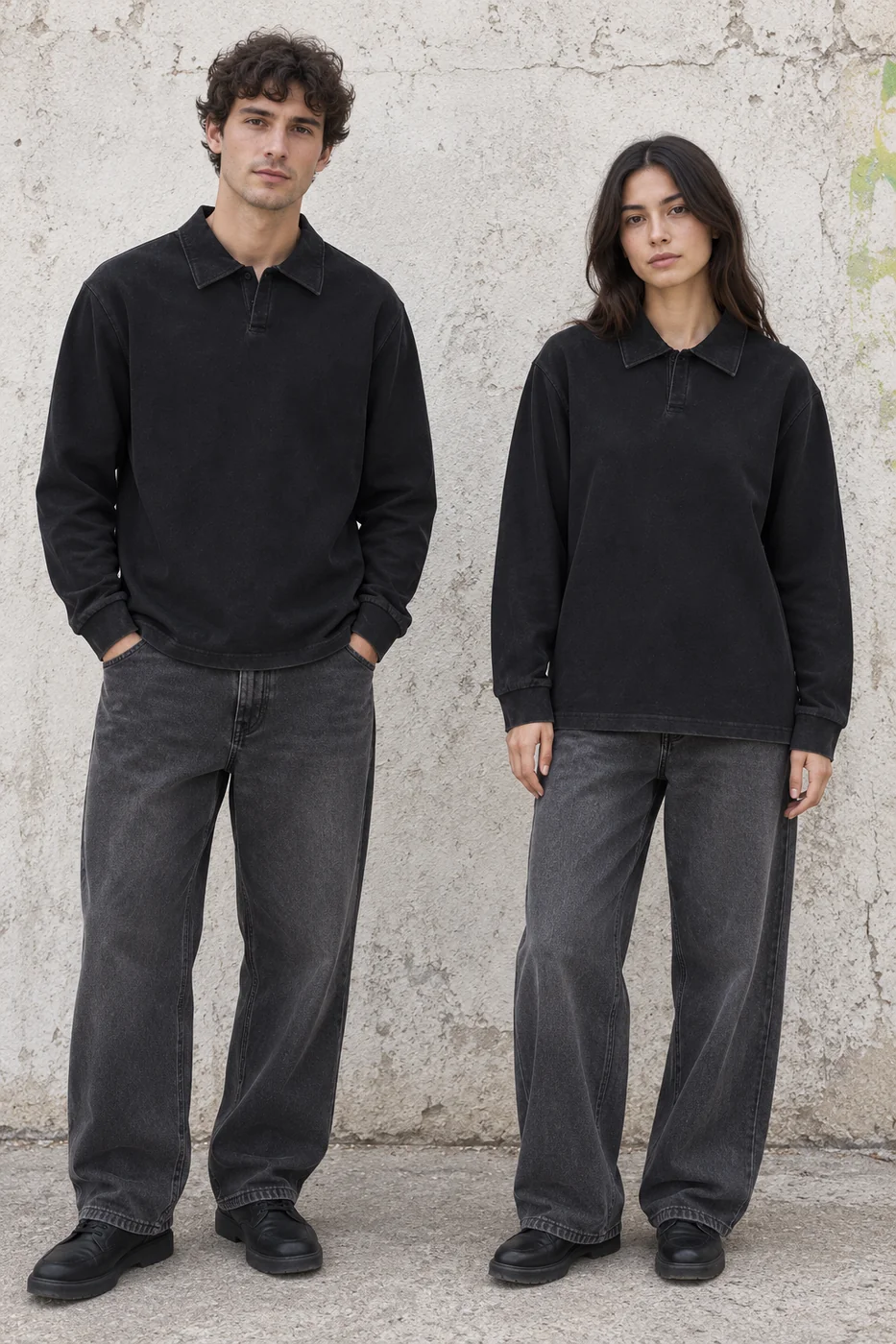Relaxed long-sleeve polo · Unisex styling