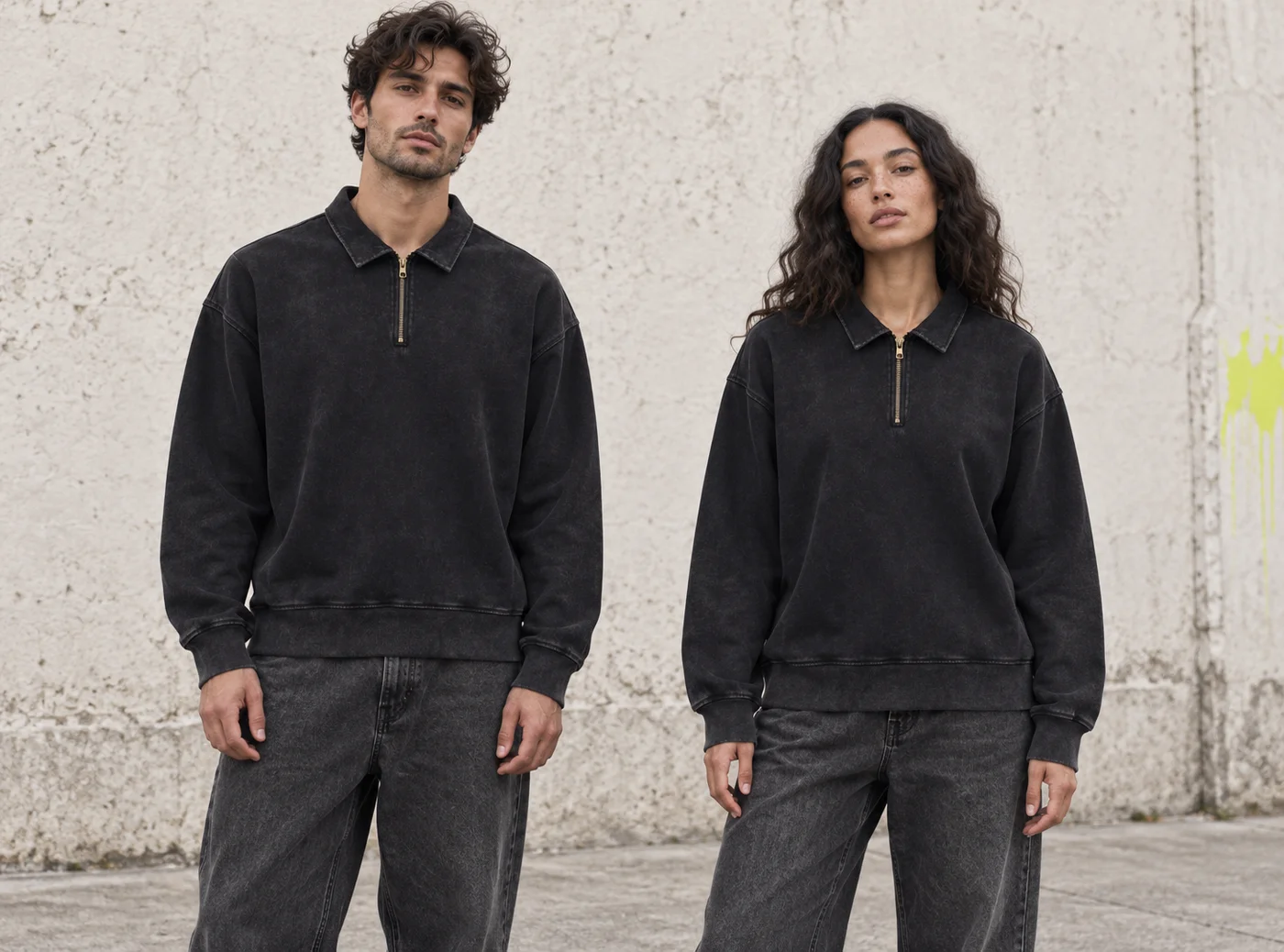 Zip-placket long-sleeve polo · Unisex styling