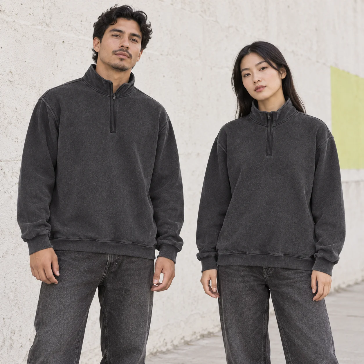 Washed quarter-zip pullover · Unisex styling