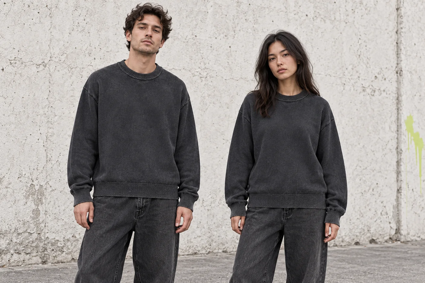 Washed crew-neck knit pullover · Unisex styling