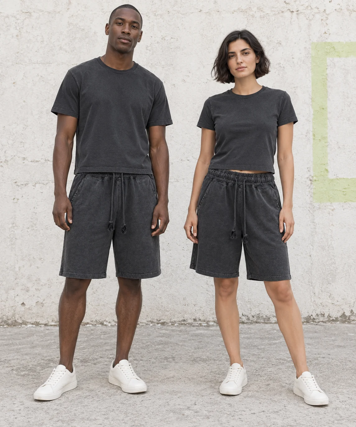 Snow-wash relaxed drawstring shorts · Unisex styling