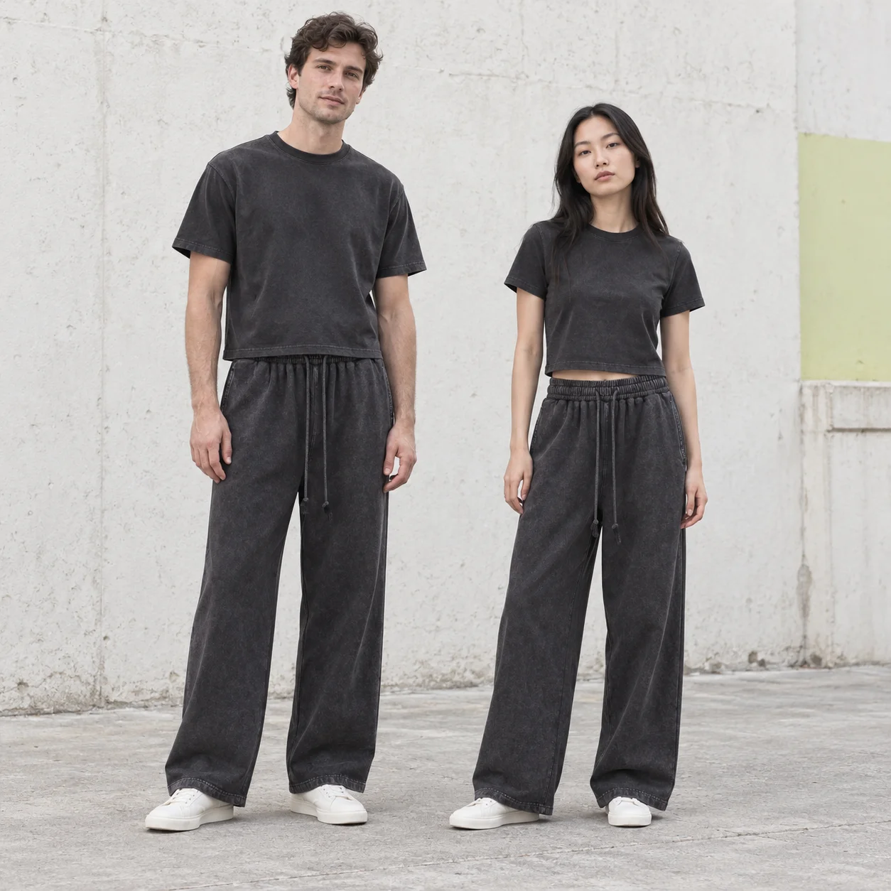 Washed wide-leg trousers · Unisex styling