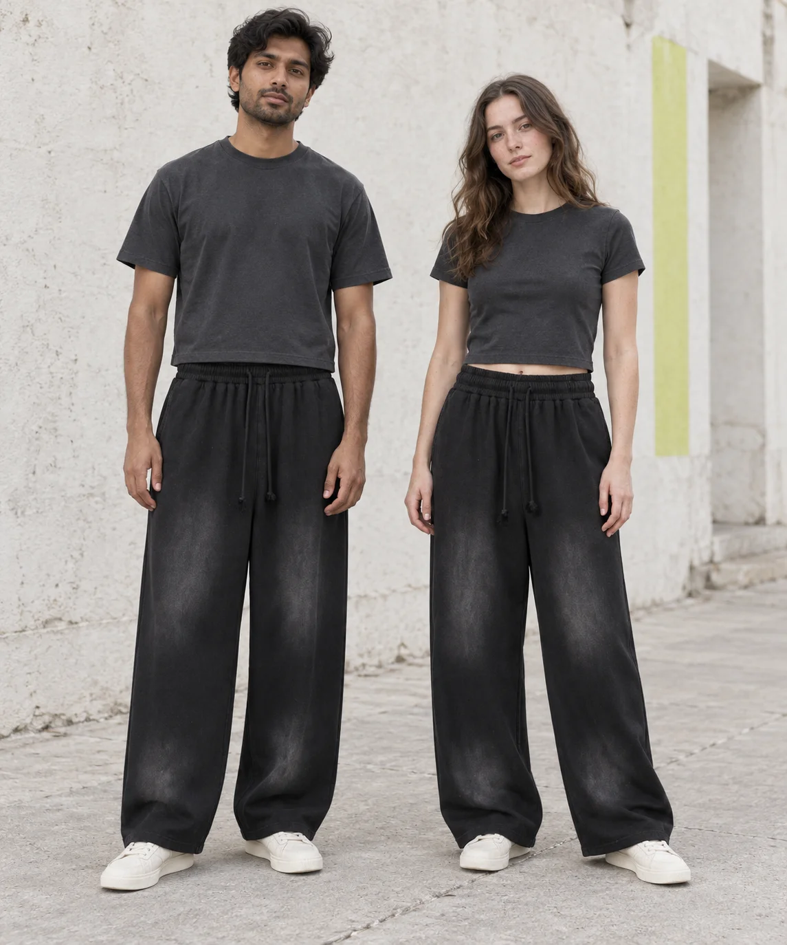 Faded wide-leg trousers · Unisex styling