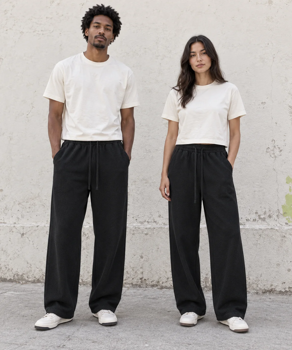 Washed waffle straight-leg trousers · Unisex styling